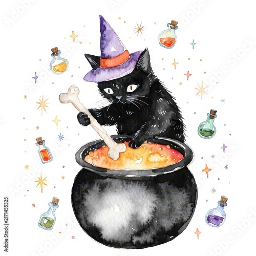 Black cat wizard stirring glowing potion in a witch cauldron watercolor illustration