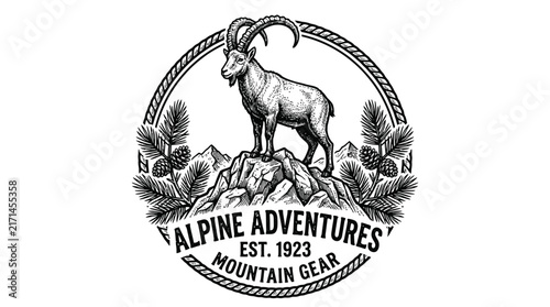 Alpine Adventures mountain goat vintage round logo emblem