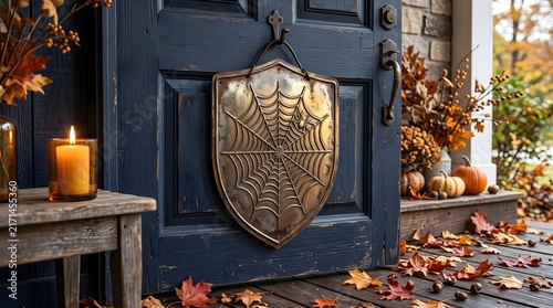 Halloween Shield Decor on Dark Blue Door with Autumn Leaves and Pumpkins