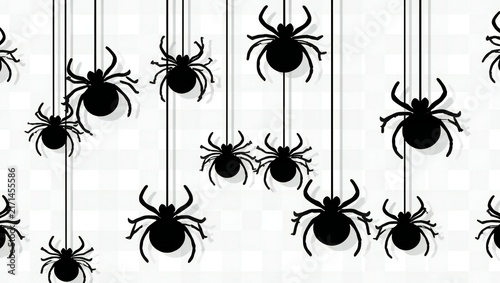 Black spiders hanging from threads in a seamless pattern for halloween