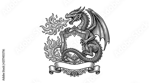 Flying dragon emblem with banner and fire.