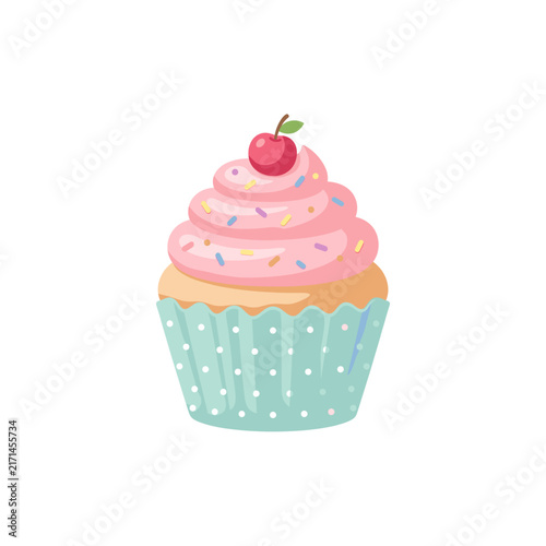 Sweet Pink Cupcake with Whipped Cream, Sprinkles, and Cherry Vector Illustration