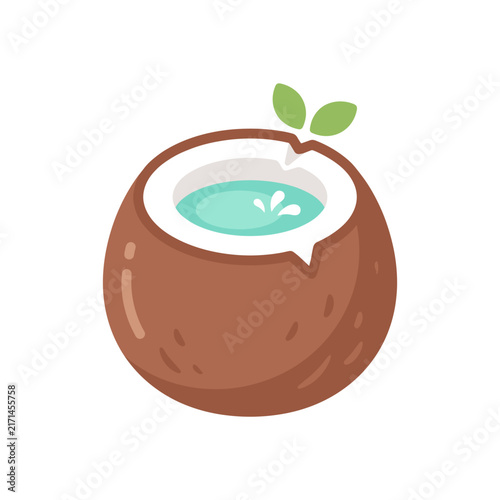 Cute Flat Vector Illustration of Fresh Coconut with Coconut Water and Leaves