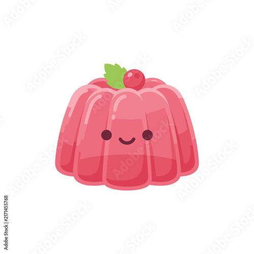 Cute Kawaii Pink Jelly Pudding Dessert with Berry and Leaf Vector Illustration