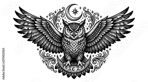 Intricate spread-wing owl with sun and moon motifs.