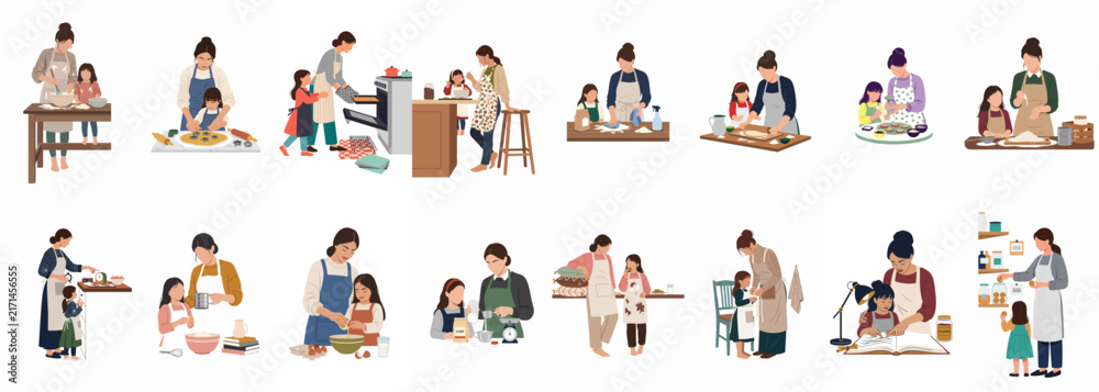 Fototapeta premium Collection of flat illustrations showing mothers and daughters bonding over household chores, cooking, baking, and studying together on a white background.