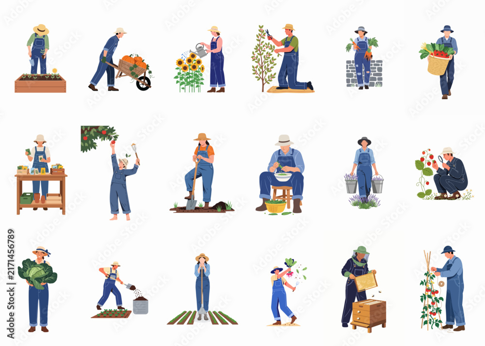 Fototapeta premium Collection of diverse farmers and gardeners performing various agricultural activities like planting, harvesting, watering, and beekeeping, isolated on a white background.