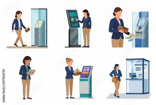 Obraz na płótnie Set of business woman characters using ATM machines, digital payment kiosks, and