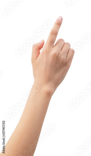 A woman's hand points to a white background
