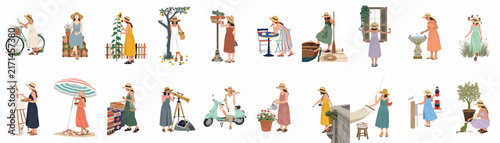 Collection of 20 illustrations of women in summer dresses and hats engaged in various hobbies and outdoor activities on a white background.
