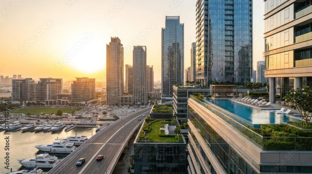 Fototapeta premium Urban city skyline with modern skyscrapers and a luxury marina at sunset.
