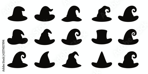 Bild auf Leinwand Set of various hand drawn witch hat silhouettes isolated on a white background f