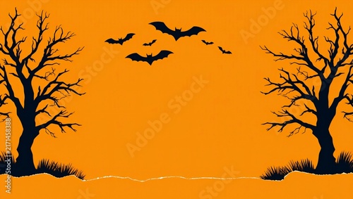 Black flying bats and bare trees on an orange background for halloween