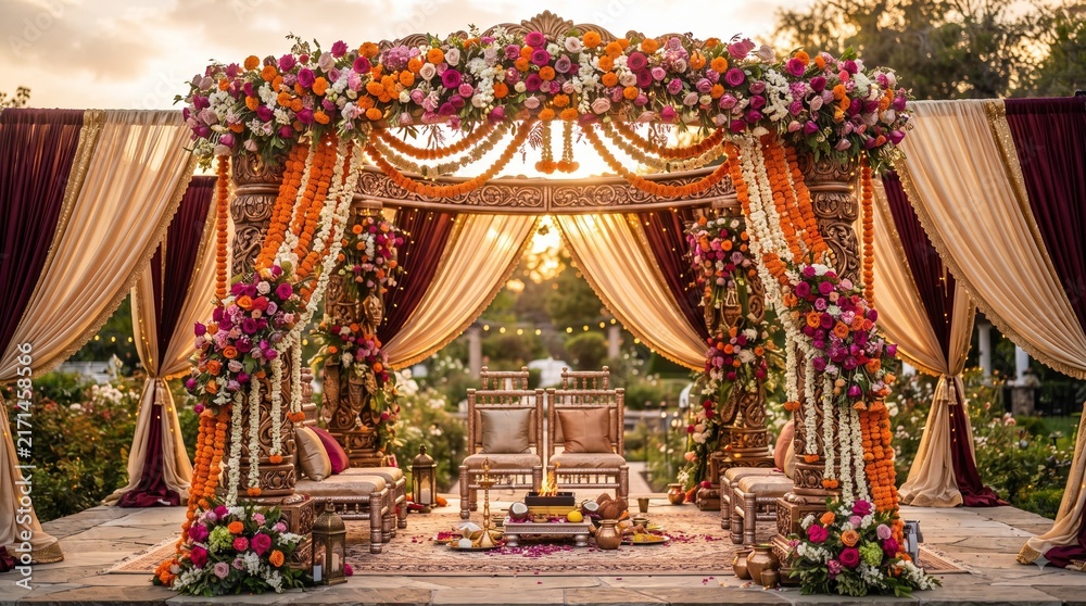 Fototapeta premium Vibrant floral mandap arch wedding backdrop