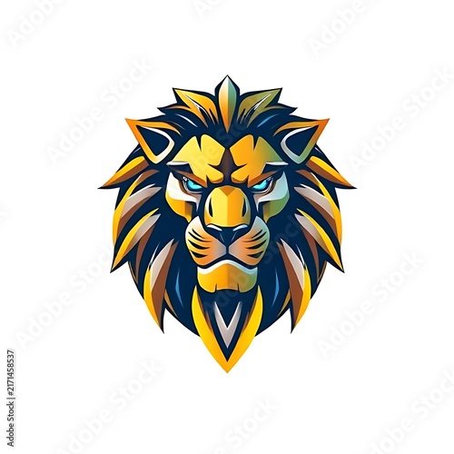 Powerful golden and blue lion head emblem with geometric details