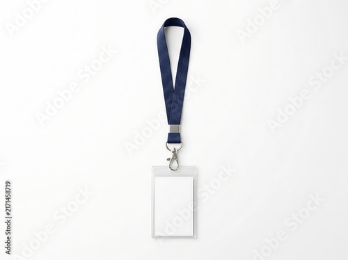 Blank Vertical ID Badge Card Mockup with Blue Lanyard Strap on White Background