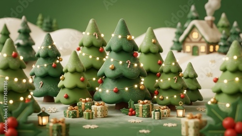 Cute 3D Christmas tree landscape with gift boxes, snow, and cozy winter village for holiday background