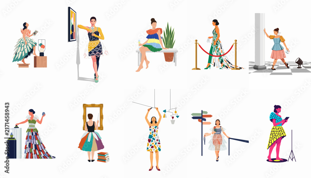 Fototapeta premium Set of Ten Elegant Fashion Illustrations Featuring Women in Various Artistic and Lifestyle Settings, Perfect for Modern Design and Creative Concepts.