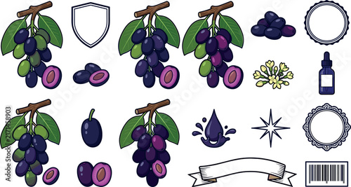  Organic Jamun Fruit Vector Icon Sheet Featuring Black Plum Bunches, Java Plum Halves, Herbal Extract Dropper Bottle, and Vintage Ribbon Banners