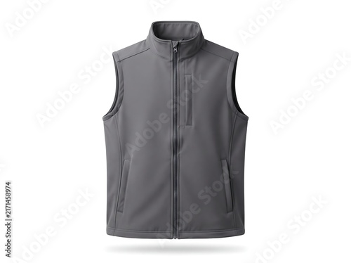 Grey Sleeveless Vest Mockup Front View Casual Softshell Gilet Jacket Isolated on White Background
