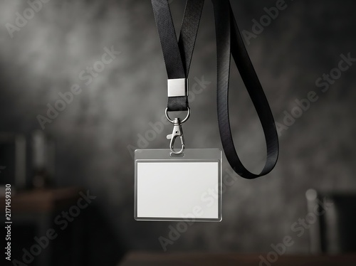Blank White Name Badge Mockup with Glass Like Holder and Black Lanyard on Dark Background