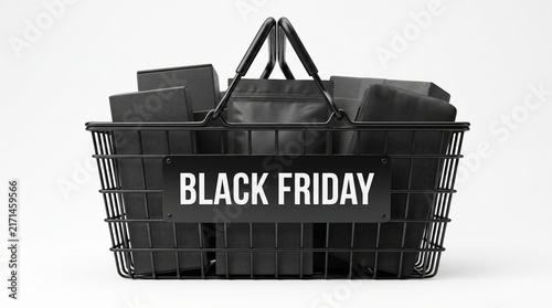 Black Friday shopping basket filled with black boxes and bags on a white background