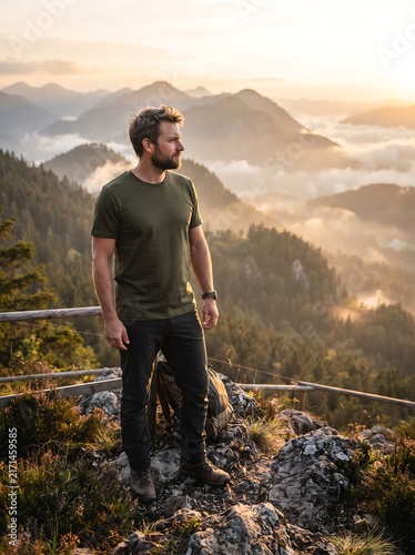 Adventurous man hiking on mountain top during golden hour sunset with mist and fog over hills, minimalist travel portrait