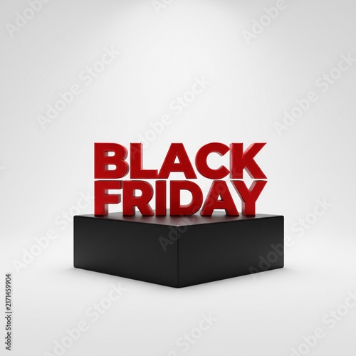 Bold Red Black Friday Text on Black Pedestal Against White Background