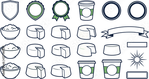 Organic Dairy and Cheese Product Vector Icon Sheet Featuring Cottage Cheese Bowls, Yogurt Tubs, Hard Cheese Wheels, Shield Badges, and Blank Ribbon Banners