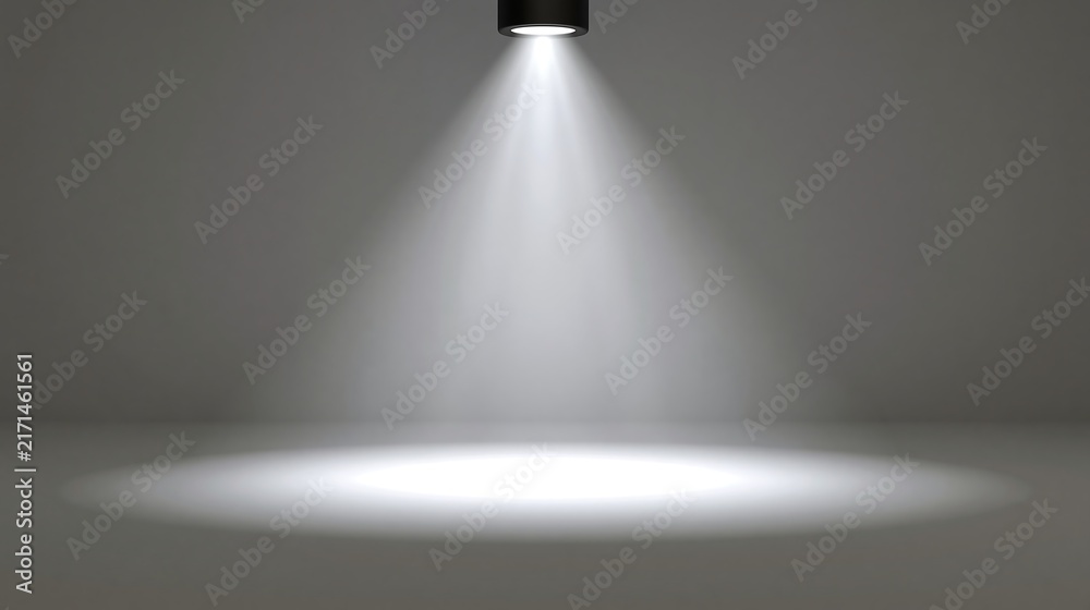 Obraz premium Bright white spotlight shining down from above onto a dark empty floor, creating a cone of light. Ideal for product presentation backgrounds and dramatic exhibition concepts.