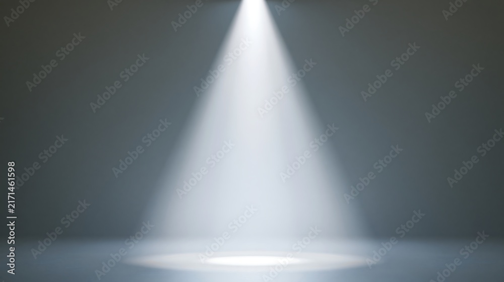 Obraz premium Bright conical spotlight illuminating a dark empty stage with dramatic lighting. Perfect for product presentation and showcase background concepts.