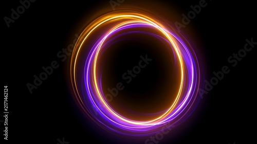 Golden and purple luminous energy rings glowing against a dark background. Perfect for magical concepts, sci-fi banners, and futuristic design presentations.