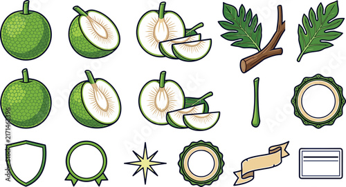  Organic Breadfruit Vector Asset Sheet Featuring Whole and Sliced Artocarpus Altilis Fruits, Tropical Serrated Leaves, Botanical Stamps, and Retro Ribbon Banners