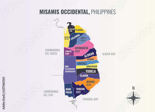 Misamis Occidental Philippines Province into Municipality in a minimalist colorful style map showing
