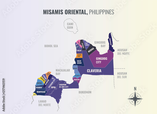Misamis Oriental Philippines Province into Municipality in a minimalist colorful style map showing