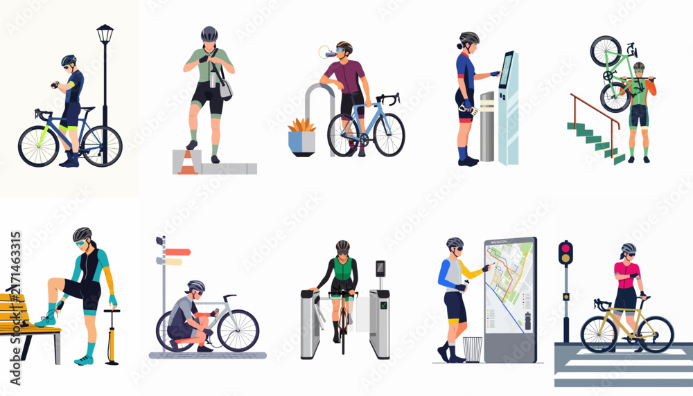 Fototapeta premium Set of flat vector illustrations depicting urban cyclists in various daily activities like commuting, bike maintenance, and navigating city infrastructure.