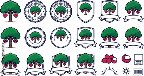  Organic Lychee Fruit Tree Agriculture Logo Stamp Sheet Featuring Vintage Circular Emblems, Heraldic Crest Shields, Fresh Lychees, and Empty Ribbon Banners
