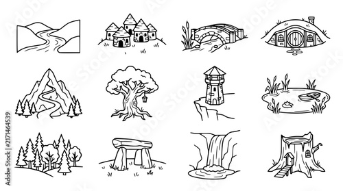 Fantasy Landscape Elements Collection: Village, Hobbit House, Bridge, Waterfall