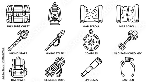 фотографія Adventure Gear Icons: Treasure Chest, Map, Compass, Backpack, Spyglass