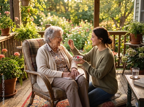 Young woman feeding elderly grandmother on a sunny home porch