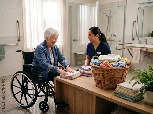 Senior woman in wheelchair folding laundry with professional caregiver in accessible home