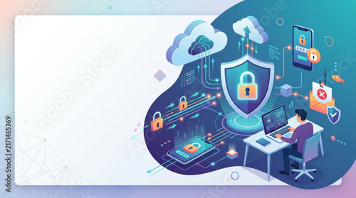 Cybersecurity professional securing digital data and network connections with cloud technology and encryption protocols