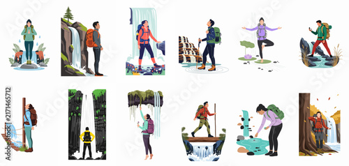 Collection of flat vector illustrations featuring diverse hikers exploring nature, waterfalls, and scenic landscapes, perfect for outdoor adventure and travel themes.