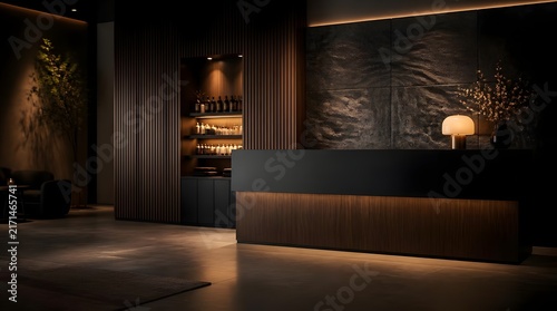 Luxury hotel lobby reception desk with modern dark wood paneling and warm ambient lighting in an upscale spa interior