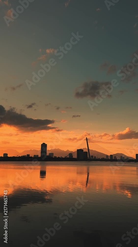 Vertical wide view of Han River Skyline and Bridge at Dusk