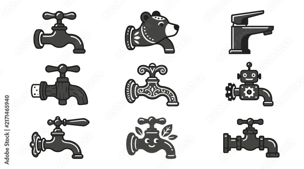 Fototapeta premium Collection of faucet icons and whimsical tap characters.