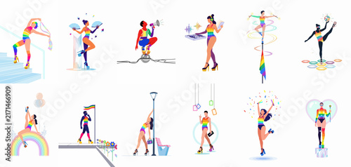 Flat vector illustrations of diverse performers in rainbow outfits celebrating LGBTQ+ Pride through dance, music, and joyful activities on a white background.