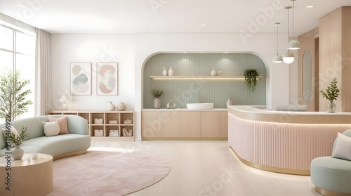 Modern bright reception interior with minimalist curved desk and pastel green wall in a medical spa waiting room