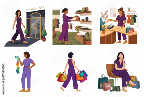 Flat vector illustration set of a stylish woman shopping at a fashion boutique, from browsing and paying to carrying many shopping bags.