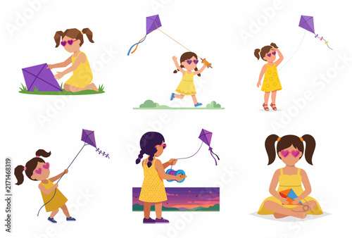 Set of cute little girl character illustrations playing with purple kites in various poses, summer outdoor activity vector concept.